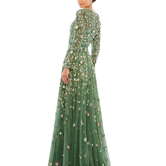 SOLD-Mac Duggal Floral Appliqué long sleeve illusion evening gown - Picture 3 of 11